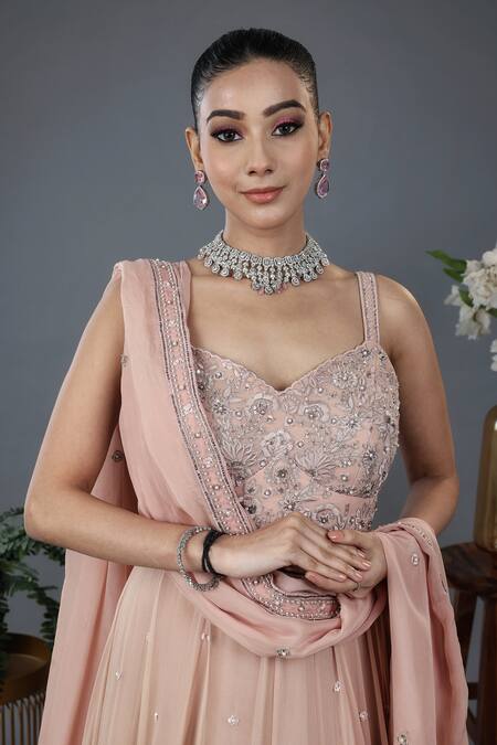 Buy Lasha Peach Georgette Cut Work, Sequins, Beads, Floral Cutdana Anarkali Set Buy_Lasha_Peach Georgette Cut Work, Sequins, Beads, Floral Cutdana Anarkali Set