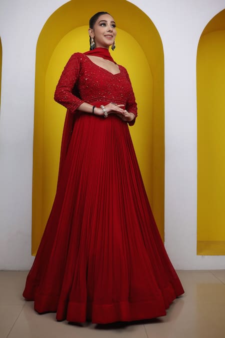 Buy_Lasha_Red Georgette Cut Work, Sequins, And Cutdana Embroidered Anarkali With Dupatta _Online_at_Aza_Fashions