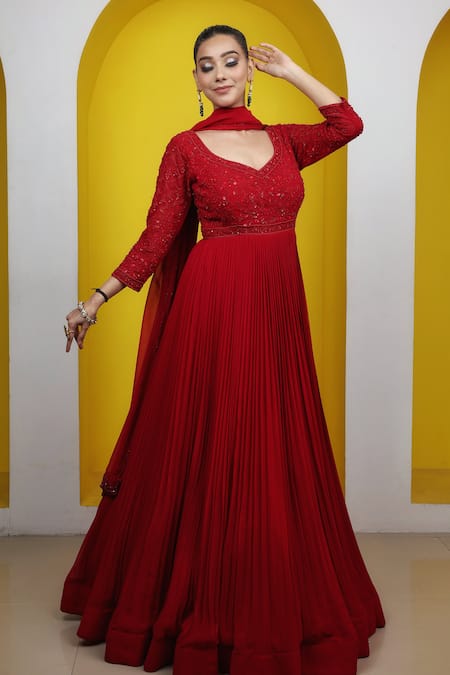 Shop_Lasha_Red Georgette Cut Work, Sequins, And Cutdana Embroidered Anarkali With Dupatta _Online_at_Aza_Fashions