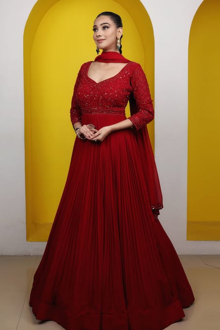 Lasha_Red Georgette Cut Work, Sequins, And Cutdana Embroidered Anarkali With Dupatta _at_Aza_Fashions