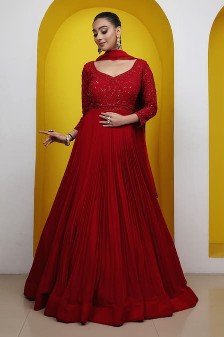 Lasha Red Georgette Embroidered Sequin And Cutdana Anarkali With Dupatta 