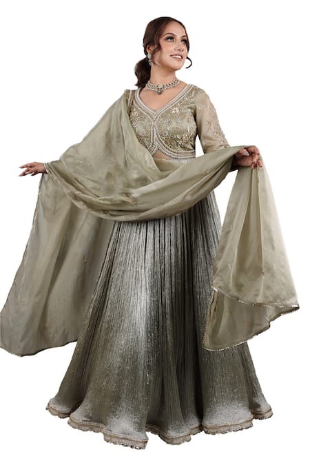 Lasha_Green Satin, Organza, Crepe Sequins, Crystals, Yoke Anarkali With Dupatta _Online_at_Aza_Fashions