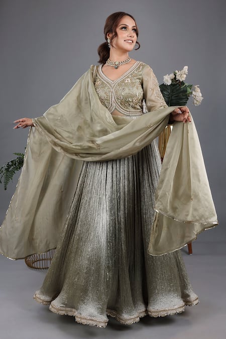 Buy_Lasha_Green Satin, Organza, Crepe Sequins, Crystals, Yoke Anarkali With Dupatta _Online_at_Aza_Fashions
