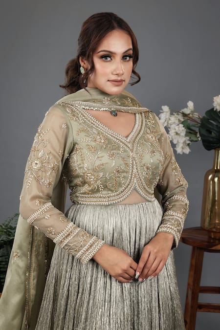 Shop_Lasha_Green Satin, Organza, Crepe Sequins, Crystals, Yoke Anarkali With Dupatta _Online_at_Aza_Fashions
