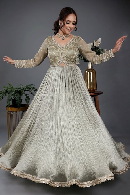 Lasha_Green Satin, Organza, Crepe Sequins, Crystals, Yoke Anarkali With Dupatta _at_Aza_Fashions