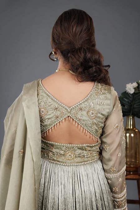 Shop_Lasha_Green Satin, Organza, Crepe Sequins, Crystals, Yoke Anarkali With Dupatta _at_Aza_Fashions