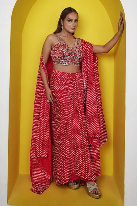Lasha Pink Satin, Georgette Mirrors, Beads V-neck Bandhani Print Cape Draped Skirt Set Online at Aza Fashions Lasha_Pink Satin, Georgette Mirrors, Beads V-neck Bandhani Print Cape Draped Skirt Set _Online_at_Aza_Fashions