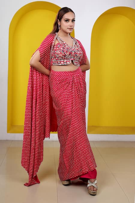 Lasha Pink Satin Georgette Embroidered Bandhani Print Cape Draped Skirt Set 