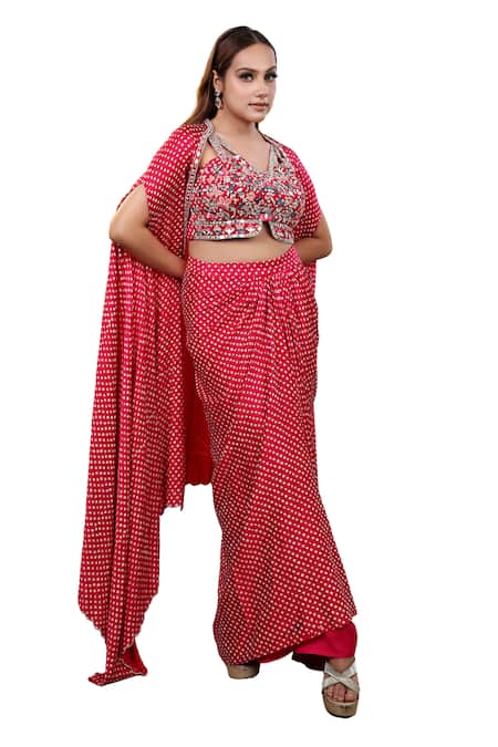 Buy Lasha Pink Satin, Georgette Mirrors, Beads V-neck Bandhani Print Cape Draped Skirt Set Buy_Lasha_Pink Satin, Georgette Mirrors, Beads V-neck Bandhani Print Cape Draped Skirt Set