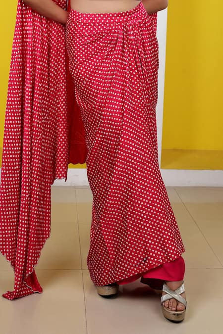 Shop Lasha Pink Satin, Georgette Mirrors, Beads V-neck Bandhani Print Cape Draped Skirt Set Shop_Lasha_Pink Satin, Georgette Mirrors, Beads V-neck Bandhani Print Cape Draped Skirt Set