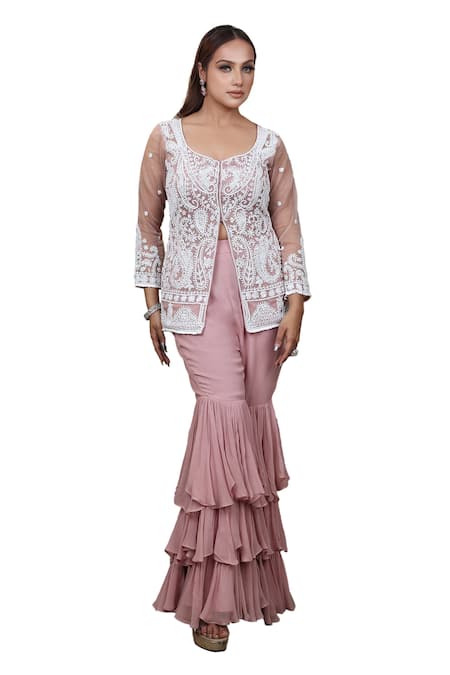 Lasha Pink Organza, Georgette Pearls, Sequins Embroidered Jacket Layered Pant Set Online at Aza Fashions Lasha_Pink Organza, Georgette Pearls, Sequins Embroidered Jacket Layered Pant Set _Online_at_Aza_Fashions