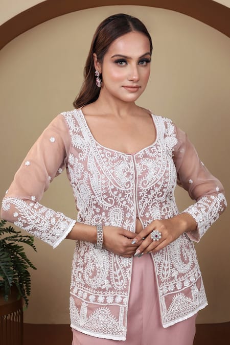 Buy Lasha Pink Organza, Georgette Pearls, Sequins Embroidered Jacket Layered Pant Set Online at Aza Fashions Buy_Lasha_Pink Organza, Georgette Pearls, Sequins Embroidered Jacket Layered Pant Set _Online_at_Aza_Fashions