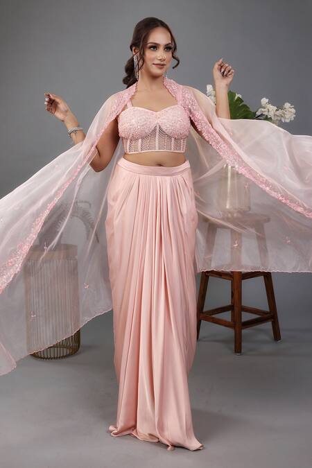 Buy_Lasha_Peach , Organza, Net, Satin Sequins, Cut Work, Cape Draped Skirt Set _Online_at_Aza_Fashions