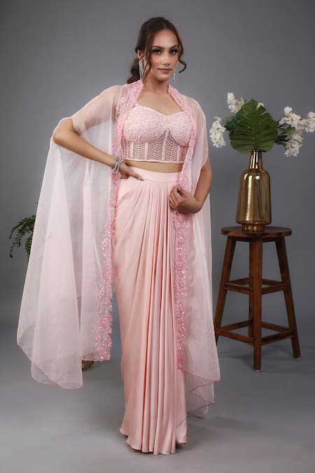 Lasha Peach Italian Satin Embroidered Sequin Cape Draped Skirt Set 