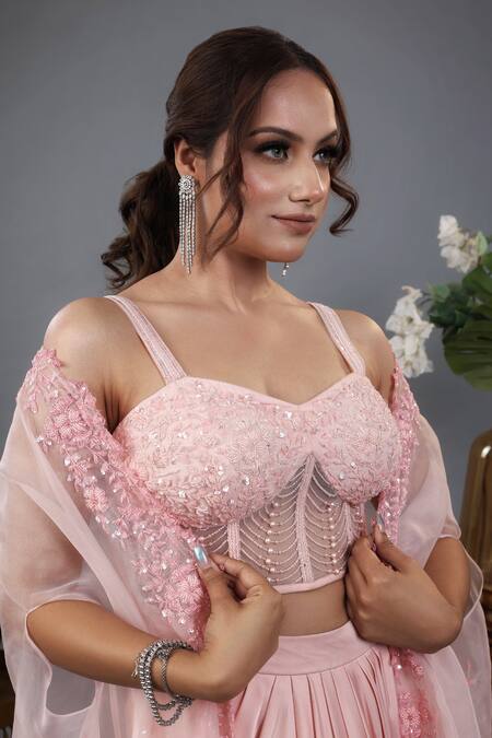 Buy_Lasha_Peach , Organza, Net, Satin Sequins, Cut Work, Cape Draped Skirt Set 