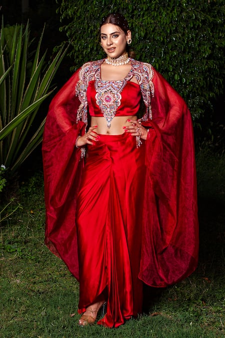 Lasha Zardosi Work Cape Draped Skirt Set 