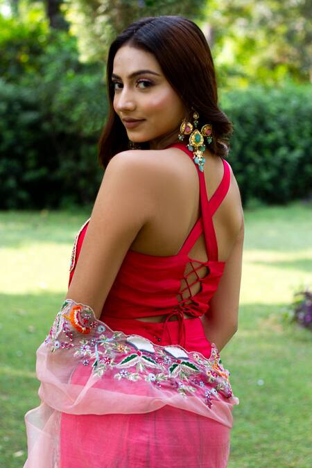 Lasha Dabka & Thread Embroidered Tasseled Blouse Draped Skirt Set 