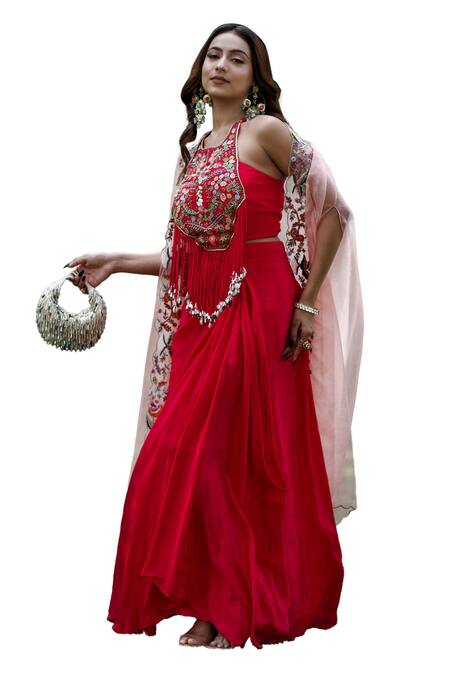 Lasha_Pink Crepe, Organza Tassels Dabka And Thread Embroidered Blouse Draped Skirt Set _Online_at_Aza_Fashions