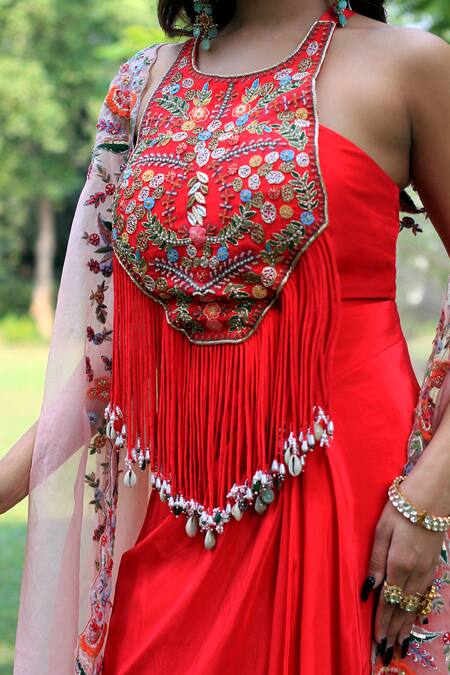 Lasha_Pink Crepe, Organza Tassels Dabka And Thread Embroidered Blouse Draped Skirt Set _at_Aza_Fashions