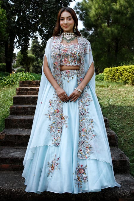 Lasha Blue Satin Organza Embroidered Thread Zardosi Floral Lehenga Set 