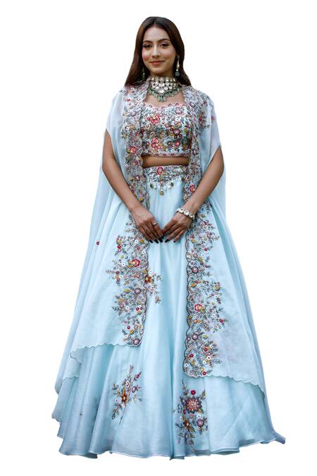 Lasha_Blue Satin, Organza Zari, Sequins, Embroidery Zardosi Floral Lehenga Set _Online_at_Aza_Fashions