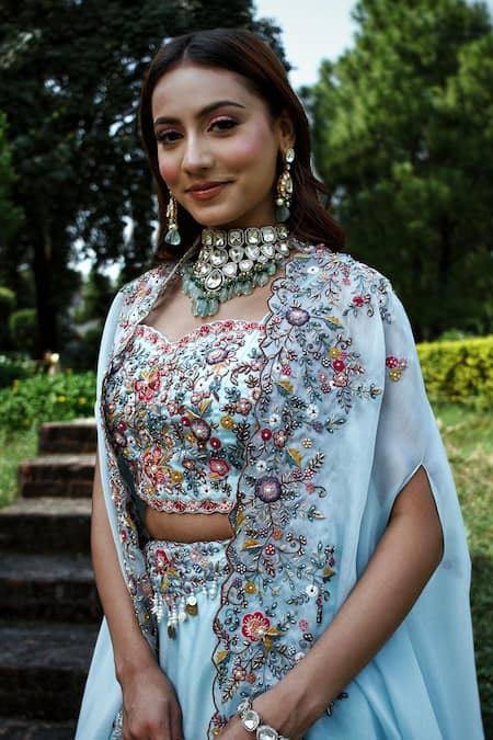 Shop_Lasha_Blue Satin, Organza Zari, Sequins, Embroidery Zardosi Floral Lehenga Set _at_Aza_Fashions