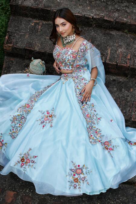 Buy_Lasha_Blue Satin, Organza Zari, Sequins, Embroidery Zardosi Floral Lehenga Set _Online_at_Aza_Fashions