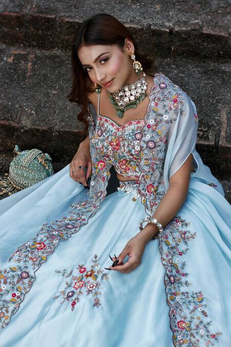 Shop_Lasha_Blue Satin, Organza Zari, Sequins, Embroidery Zardosi Floral Lehenga Set _Online_at_Aza_Fashions