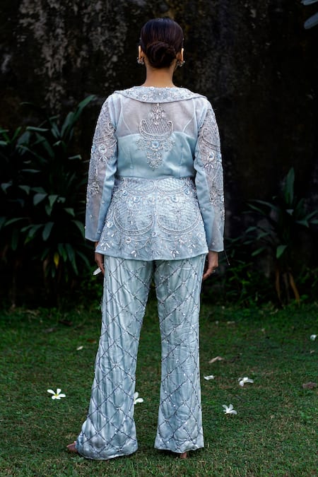 Shop Lasha Blue Organza, Bamboo Pearls, Sequins, Embroidery Collared Peplum Jacket Pant Set at Aza Fashions Shop_Lasha_Blue Organza, Bamboo Pearls, Sequins, Embroidery Collared Peplum Jacket Pant Set _at_Aza_Fashions