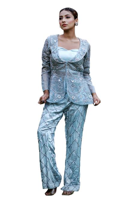 Lasha Blue Organza, Bamboo Pearls, Sequins, Embroidery Collared Peplum Jacket Pant Set Online at Aza Fashions Lasha_Blue Organza, Bamboo Pearls, Sequins, Embroidery Collared Peplum Jacket Pant Set _Online_at_Aza_Fashions