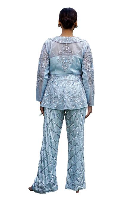 Buy Lasha Blue Organza, Bamboo Pearls, Sequins, Embroidery Collared Peplum Jacket Pant Set Buy_Lasha_Blue Organza, Bamboo Pearls, Sequins, Embroidery Collared Peplum Jacket Pant Set