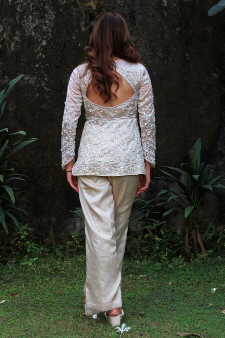 Shop Lasha Blue Satin, Organza Embroidery, Zari Zardosi And Pearl Peplum Jacket Pant Set at Aza Fashions Shop_Lasha_Blue Satin, Organza Embroidery, Zari Zardosi And Pearl Peplum Jacket Pant Set _at_Aza_Fashions