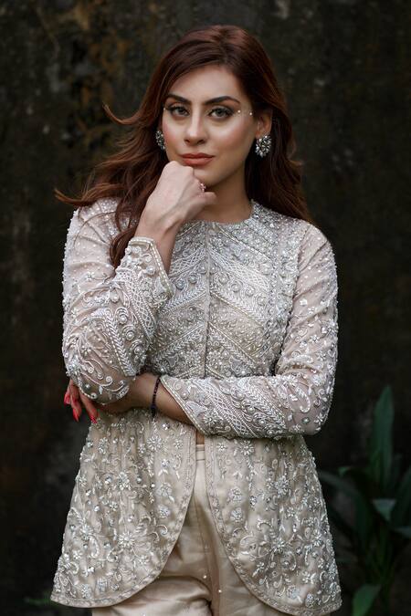 Lasha Blue Satin, Organza Embroidery, Zari Zardosi And Pearl Peplum Jacket Pant Set Online at Aza Fashions Lasha_Blue Satin, Organza Embroidery, Zari Zardosi And Pearl Peplum Jacket Pant Set _Online_at_Aza_Fashions