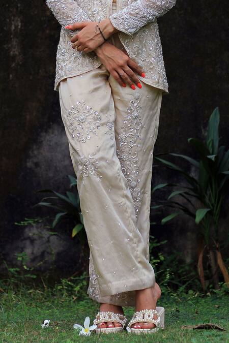 Buy Lasha Blue Satin, Organza Embroidery, Zari Zardosi And Pearl Peplum Jacket Pant Set Online at Aza Fashions Buy_Lasha_Blue Satin, Organza Embroidery, Zari Zardosi And Pearl Peplum Jacket Pant Set _Online_at_Aza_Fashions