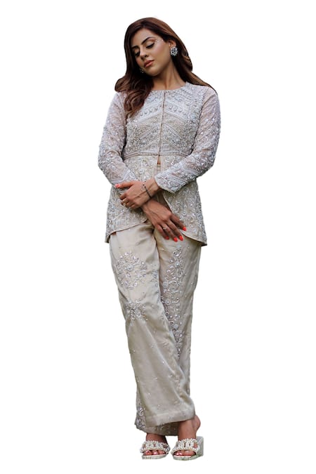 Shop Lasha Blue Satin, Organza Embroidery, Zari Zardosi And Pearl Peplum Jacket Pant Set Online at Aza Fashions Shop_Lasha_Blue Satin, Organza Embroidery, Zari Zardosi And Pearl Peplum Jacket Pant Set _Online_at_Aza_Fashions