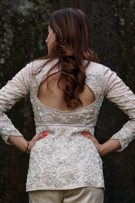 Lasha Blue Satin, Organza Embroidery, Zari Zardosi And Pearl Peplum Jacket Pant Set at Aza Fashions Lasha_Blue Satin, Organza Embroidery, Zari Zardosi And Pearl Peplum Jacket Pant Set _at_Aza_Fashions