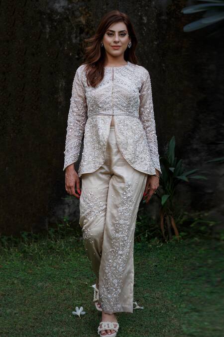 Shop Lasha Blue Satin, Organza Embroidery, Zari Zardosi And Pearl Peplum Jacket Pant Set Shop_Lasha_Blue Satin, Organza Embroidery, Zari Zardosi And Pearl Peplum Jacket Pant Set