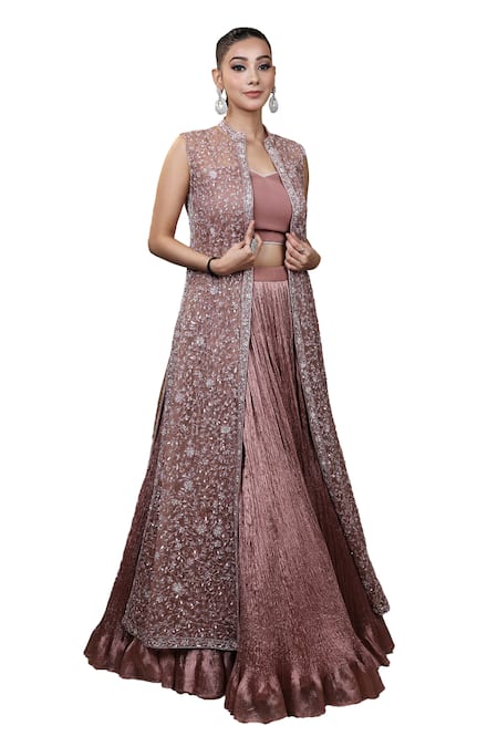 Lasha Pink Crepe, Organza Sequins, Beads, Cut Work, Floral Hand Jacket Lehenga Set Online at Aza Fashions Lasha_Pink Crepe, Organza Sequins, Beads, Cut Work, Floral Hand Jacket Lehenga Set _Online_at_Aza_Fashions