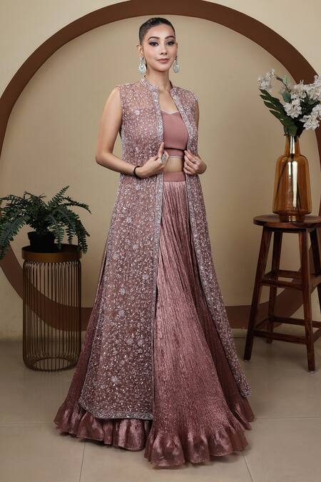 Buy Lasha Pink Crepe, Organza Sequins, Beads, Cut Work, Floral Hand Jacket Lehenga Set Online at Aza Fashions Buy_Lasha_Pink Crepe, Organza Sequins, Beads, Cut Work, Floral Hand Jacket Lehenga Set _Online_at_Aza_Fashions