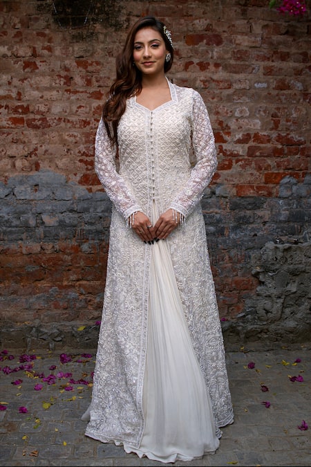 Lasha Ivory Georgette Hand Embroidered Thread Floral With Anarkali Gown 