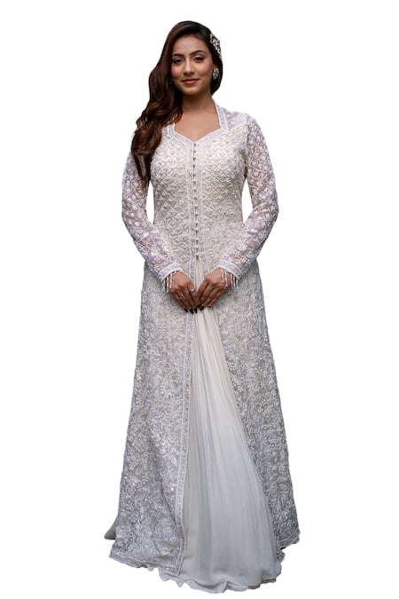 Shop_Lasha_Ivory Organza, Georgette Cut Floral Hand Embroidered Jacket With Anarkali Gown 