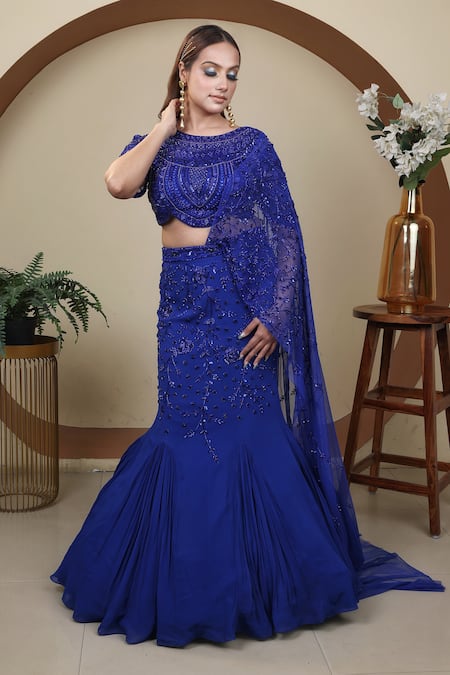 Lasha Blue Net, Georgette Sequins, Cut Work Hand Embroidered Fish Lehenga With Blouse Online at Aza Fashions Lasha_Blue Net, Georgette Sequins, Cut Work Hand Embroidered Fish Lehenga With Blouse _Online_at_Aza_Fashions