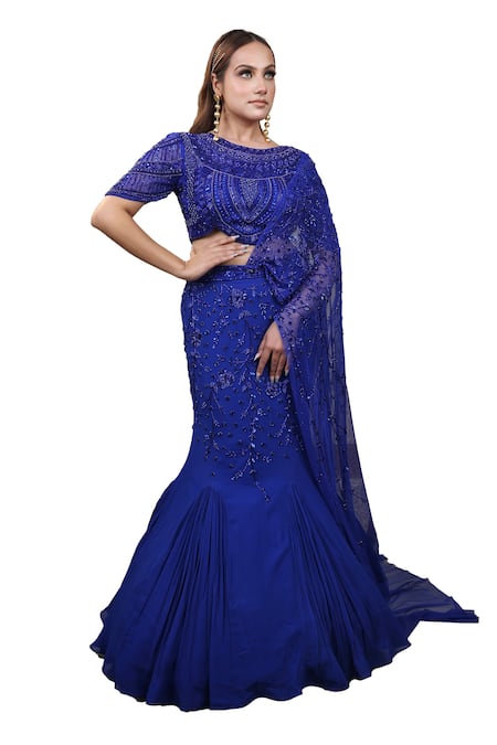 Shop Lasha Blue Net, Georgette Sequins, Cut Work Hand Embroidered Fish Lehenga With Blouse Online at Aza Fashions Shop_Lasha_Blue Net, Georgette Sequins, Cut Work Hand Embroidered Fish Lehenga With Blouse _Online_at_Aza_Fashions