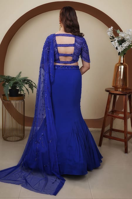 Shop Lasha Blue Net, Georgette Sequins, Cut Work Hand Embroidered Fish Lehenga With Blouse at Aza Fashions Shop_Lasha_Blue Net, Georgette Sequins, Cut Work Hand Embroidered Fish Lehenga With Blouse _at_Aza_Fashions
