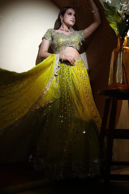 Lasha Green Organza, Denim Mirrors, Zari V-neck Hand Embroidered Lehenga Blouse Set Online at Aza Fashions Lasha_Green Organza, Denim Mirrors, Zari V-neck Hand Embroidered Lehenga Blouse Set _Online_at_Aza_Fashions