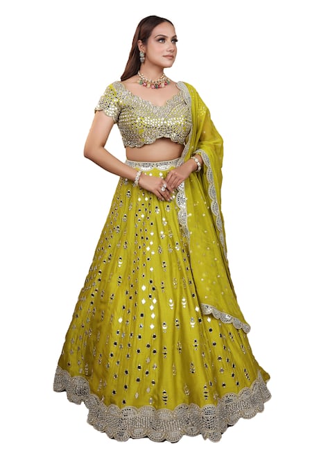 Buy Lasha Green Organza, Denim Mirrors, Zari V-neck Hand Embroidered Lehenga Blouse Set Online at Aza Fashions Buy_Lasha_Green Organza, Denim Mirrors, Zari V-neck Hand Embroidered Lehenga Blouse Set _Online_at_Aza_Fashions