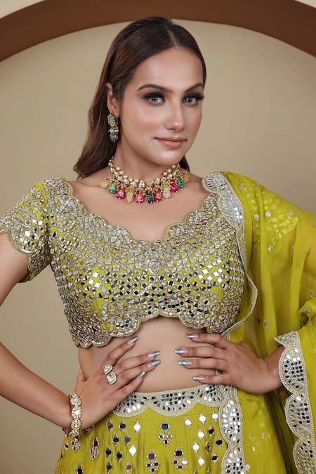 Shop Lasha Green Organza, Denim Mirrors, Zari V-neck Hand Embroidered Lehenga Blouse Set Online at Aza Fashions Shop_Lasha_Green Organza, Denim Mirrors, Zari V-neck Hand Embroidered Lehenga Blouse Set _Online_at_Aza_Fashions
