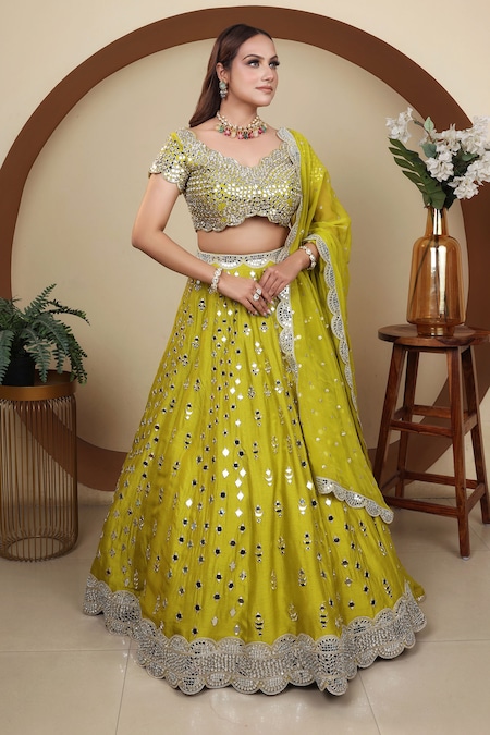 Lasha Green Dola Silk Hand Embroidered Mirror V Neck Lehenga Blouse Set 