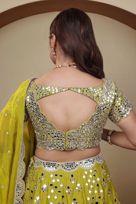 Shop Lasha Green Organza, Denim Mirrors, Zari V-neck Hand Embroidered Lehenga Blouse Set at Aza Fashions Shop_Lasha_Green Organza, Denim Mirrors, Zari V-neck Hand Embroidered Lehenga Blouse Set _at_Aza_Fashions