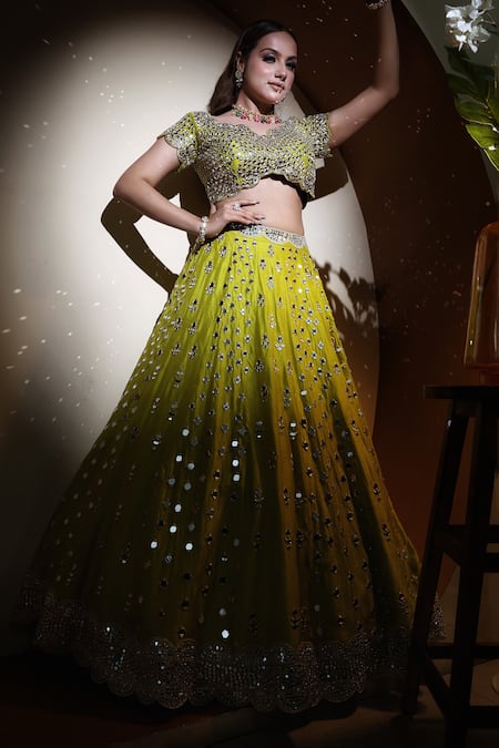Lasha Green Organza, Denim Mirrors, Zari V-neck Hand Embroidered Lehenga Blouse Set at Aza Fashions Lasha_Green Organza, Denim Mirrors, Zari V-neck Hand Embroidered Lehenga Blouse Set _at_Aza_Fashions